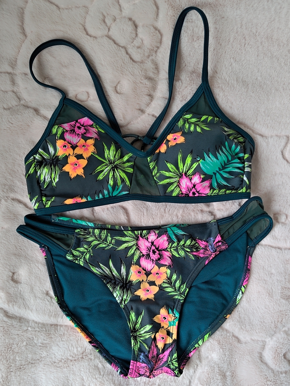Tropical Floral Two-Piece Bikini - Dark Teal, Small